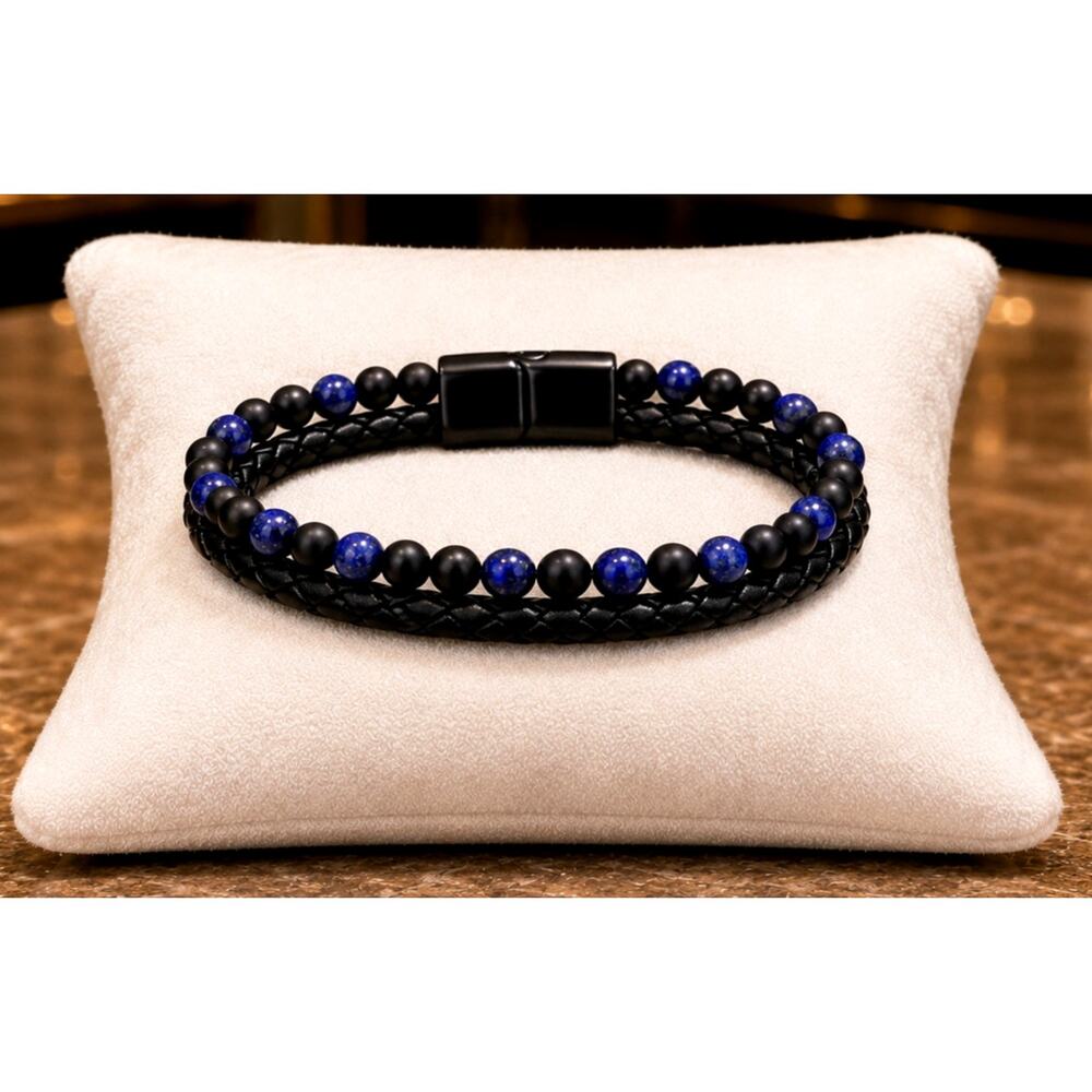 Unisex Double Layer Beaded Faux Braided Leather Bracelet Lapis Lazuli